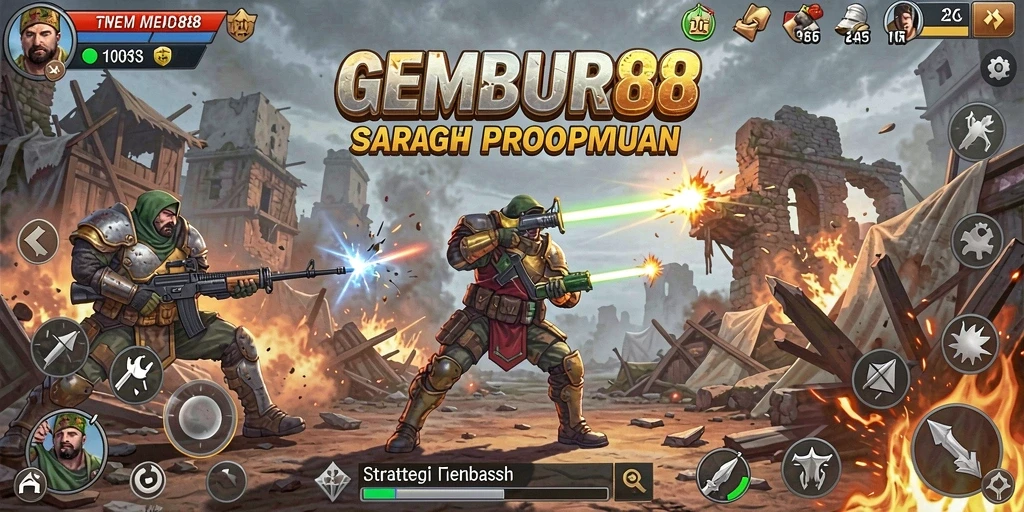 Screenshot menampilkan aksi pertempuran strategis dalam GEMBUR88.