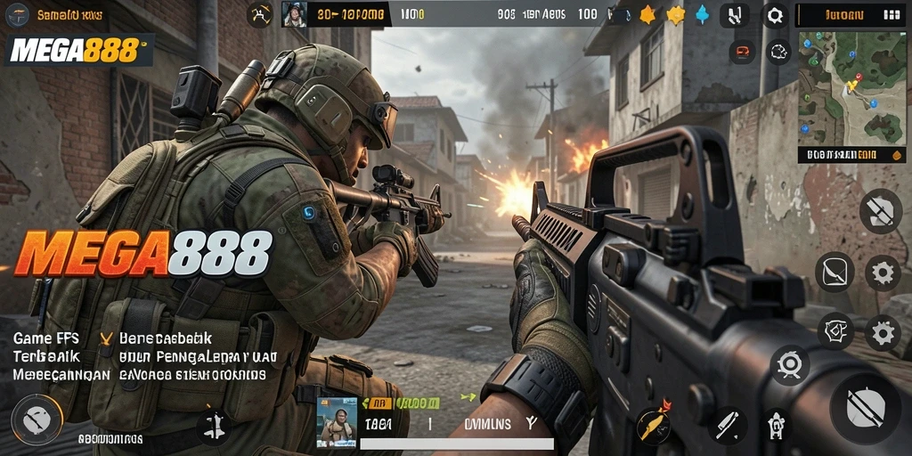 Tampilan menegangkan aksi gameplay FPS di MEGA888.