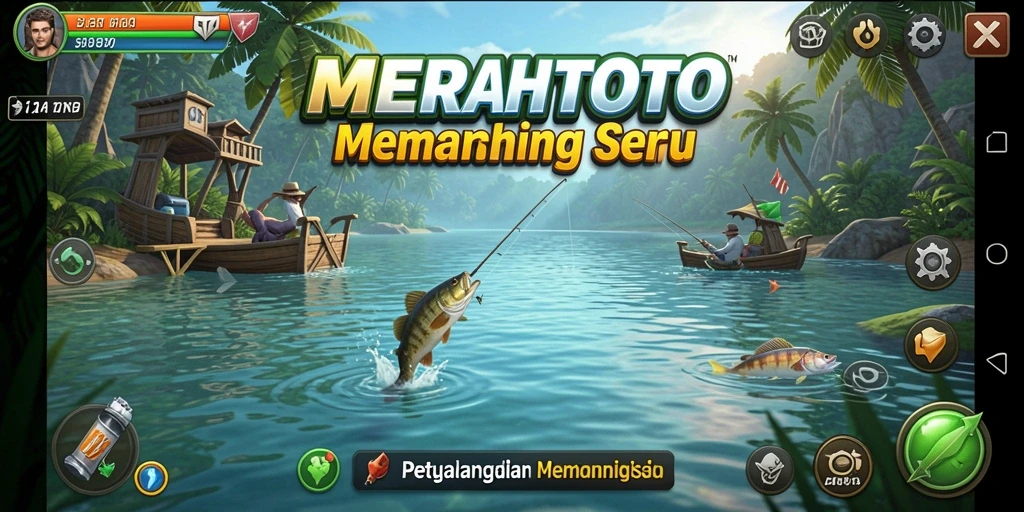 Screenshot gameplay menunjukkan aksi memancing yang seru di MERAHTOTO.