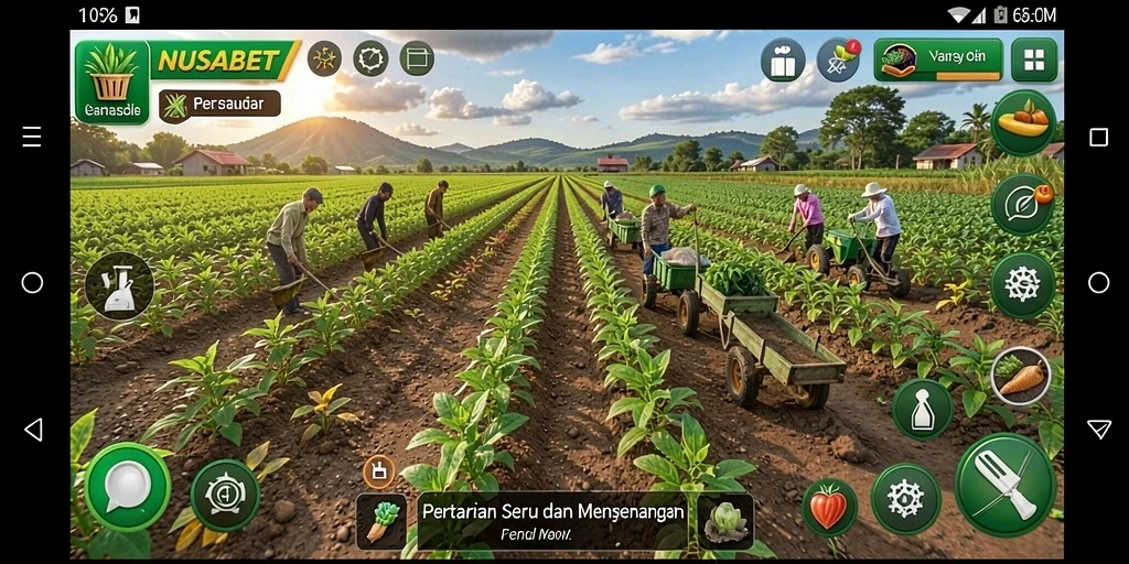 Tampilan gameplay NUSABET dengan ladang dan hewan ternak yang ceria.
