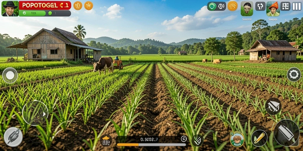Tangkapan layar utama POPOTOGEL menampilkan gameplay bertani yang interaktif.